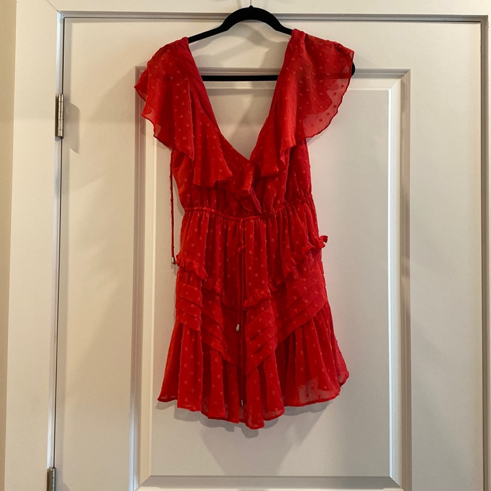 Boutique red ruffled Swiss dot mini dress